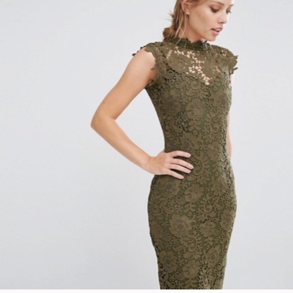 Paper Dolls Olive Green Lace Midi Dress